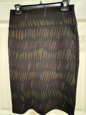LuLaRoe Black Pencil Skirt with Gold and Burgundy Brushstroke Pattern